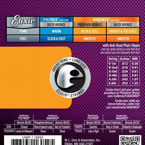 ELIXIR 16052 ACOUSTIC NANOWEB PHOSPHOR BRONZE LIGHT Stygos