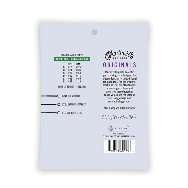 MARTIN M170 EXTRA LIGHT 10-47 Stygos akustinei gitarai