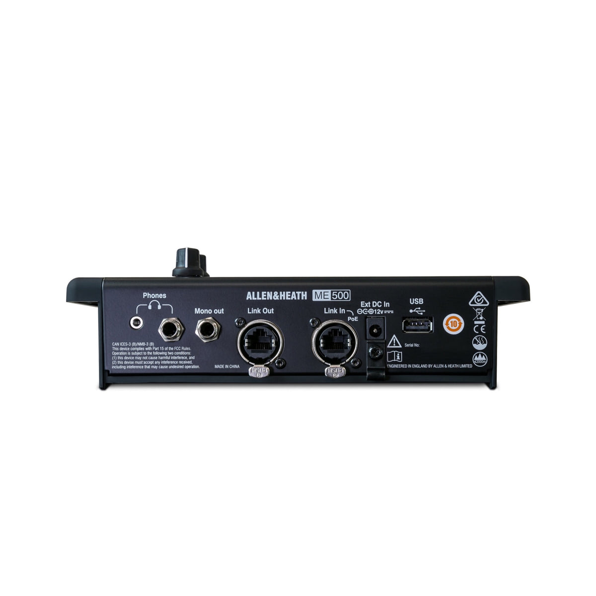 Allen & Heath ME-500 rear connections for headphones, mono output, Link and USB