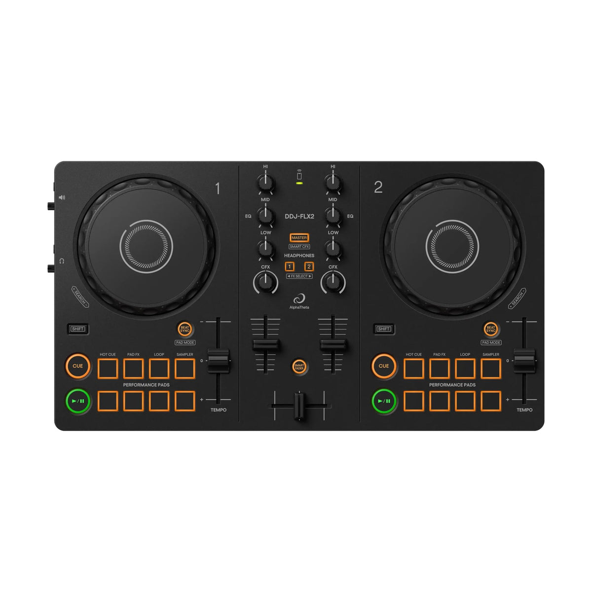 AlphaTheta DDJ-FLX2 DJ kontroleris, valdymo skydelis iš viršaus