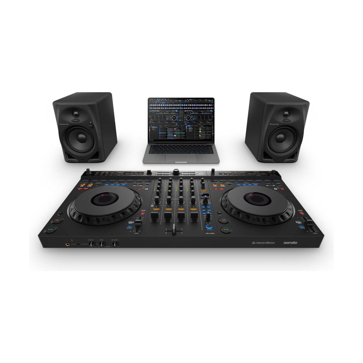 AlphaTheta DDJ-GRV6 DJ controller with computer and speakers, setup example; additional equipment not included