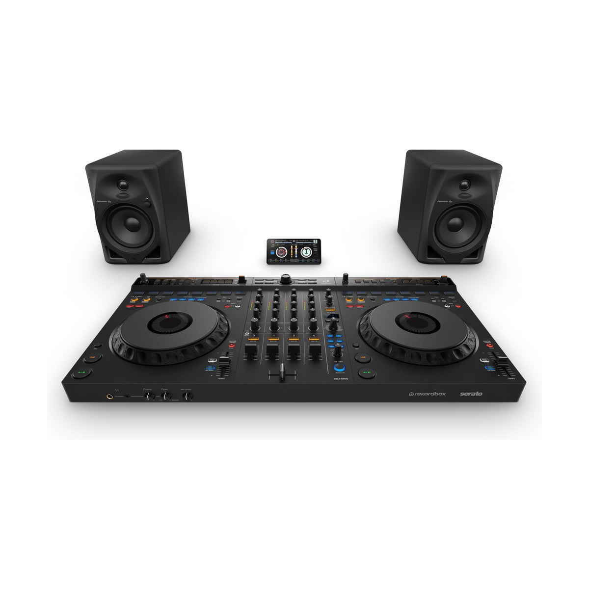 AlphaTheta DDJ-GRV6 DJ controller with phone and speakers, mobile setup; additional equipment not included