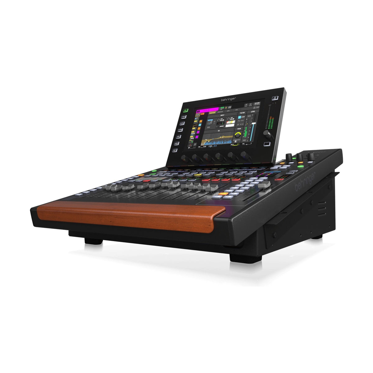 Behringer WING COMPACT skaitmeninis mikšerinis pultas, kairysis šonas ir pakelto ekrano profilis
