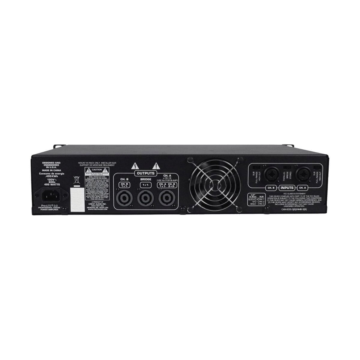 Crest Audio Pro-LITE 3.0 power amplifier, rear panel and connectors