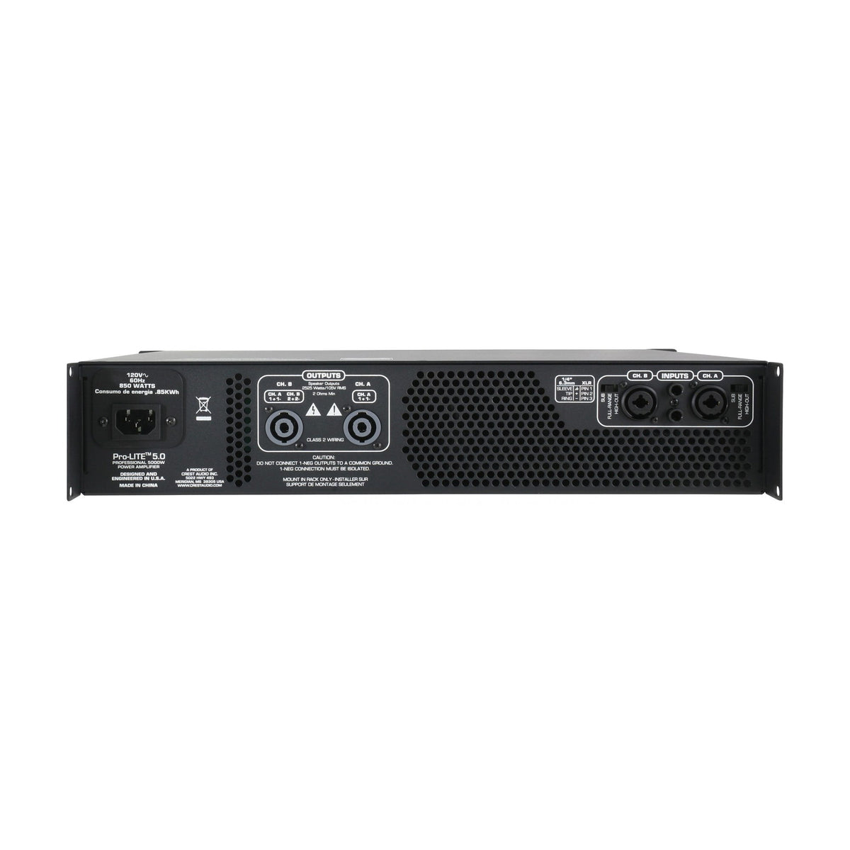 Crest Audio Pro-LITE 5.0 galios stiprintuvas, galinis skydelis ir jungtys