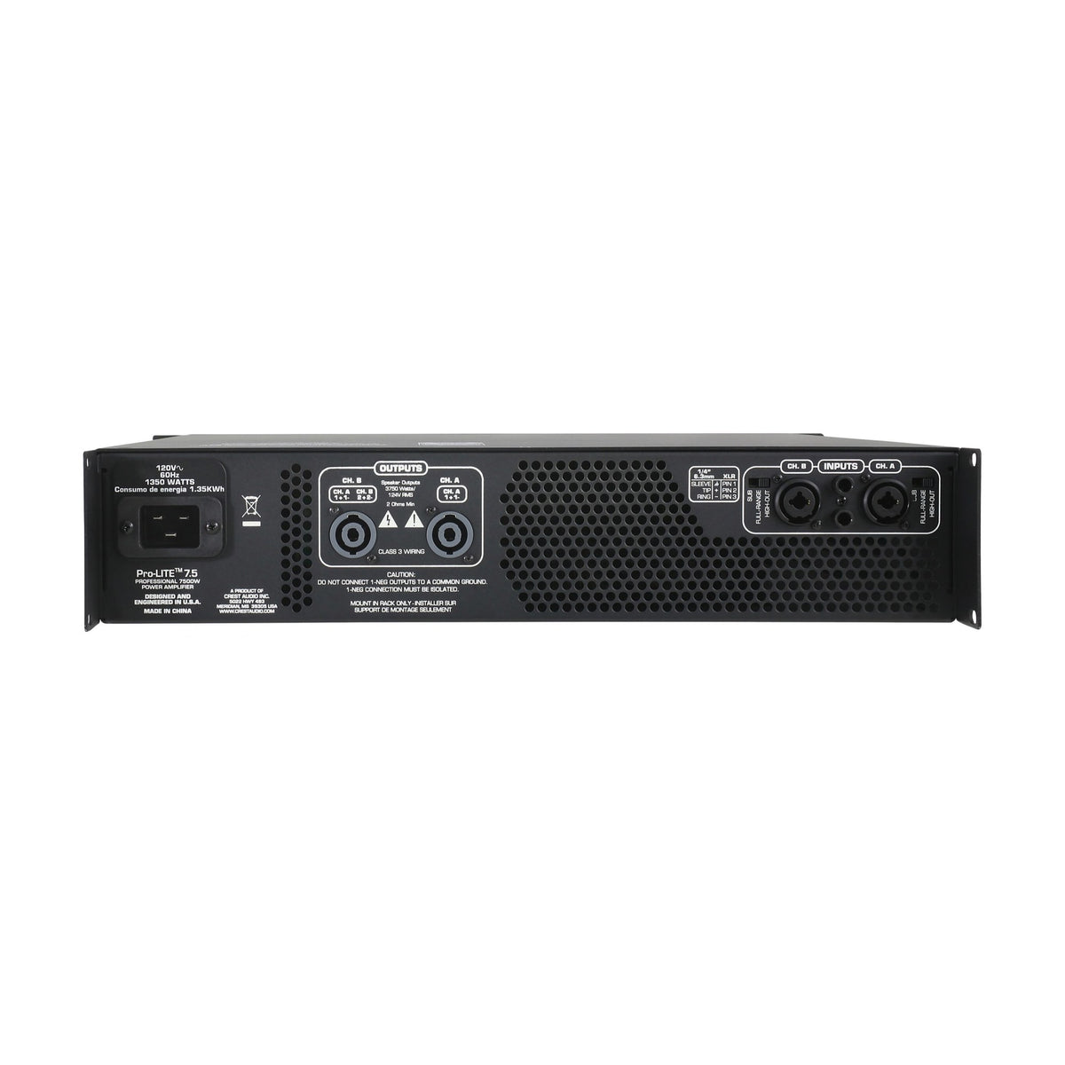 Crest Audio Pro-LITE 7.5 power amplifier, rear panel and connectors