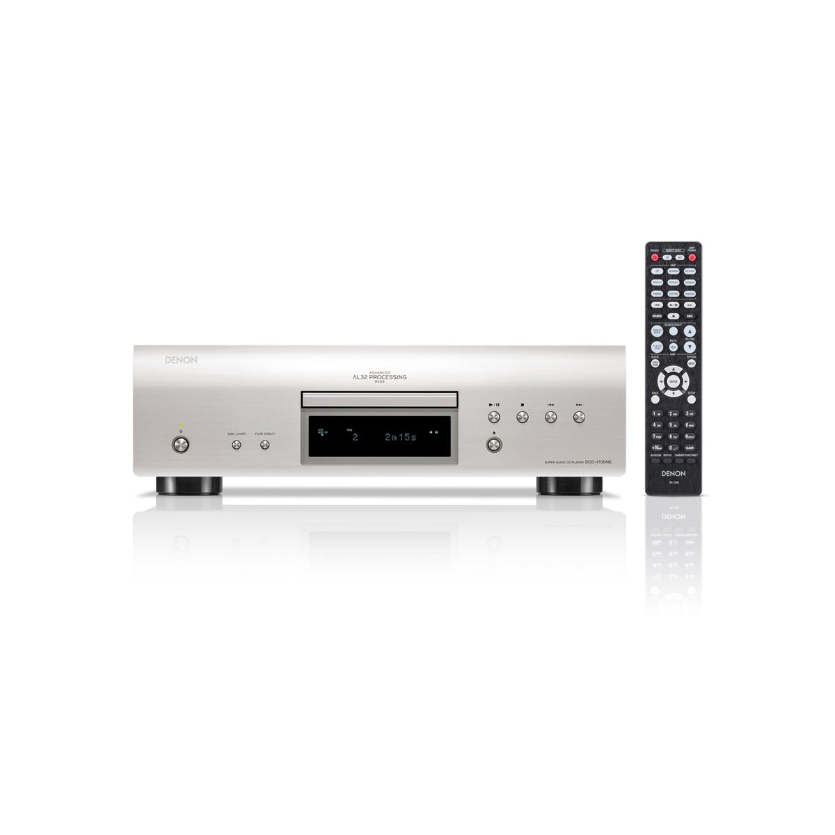 Denon DCD-1700NE CD/SACD player: silver player with the supplied remote control