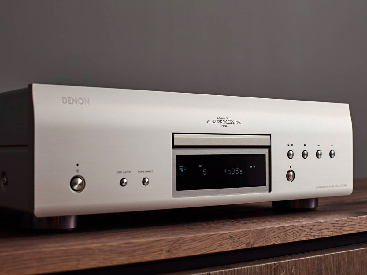 Denon DCD-1700NE CD/SACD player: silver player front display and controls, close-up