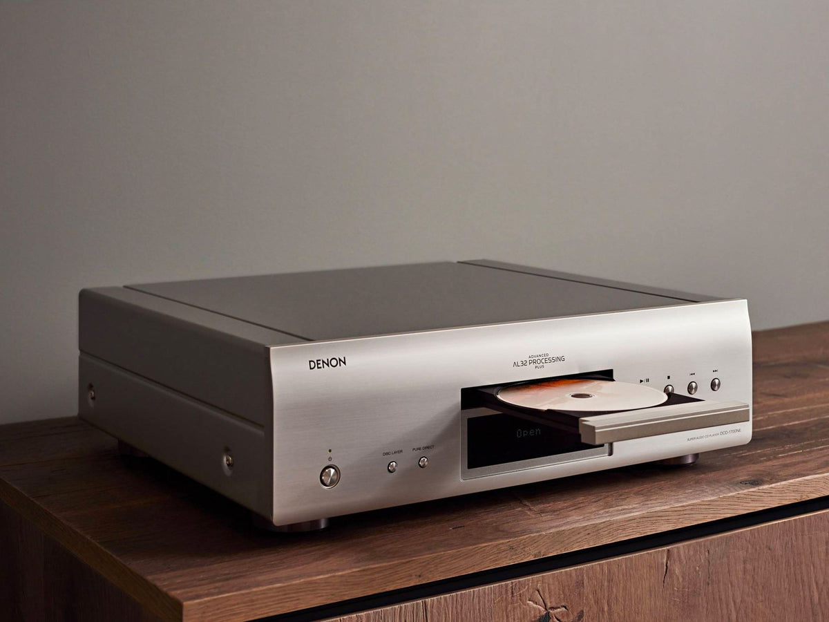 Denon DCD-1700NE CD/SACD player: silver player with the disc tray open