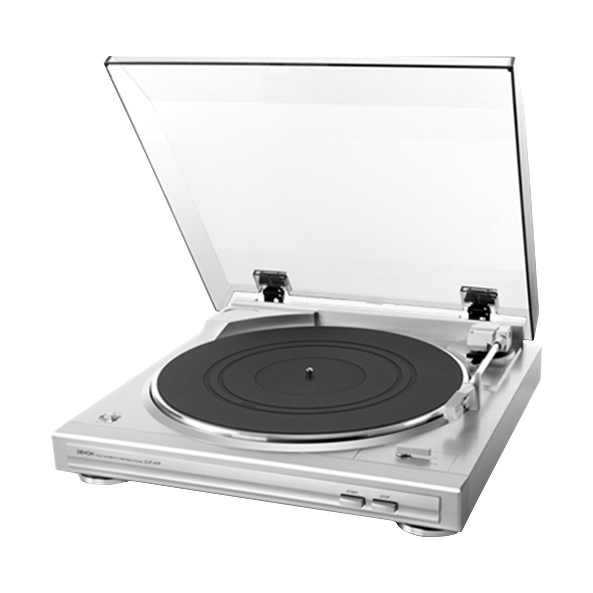 Denon DP-29F sidabrinis patefonas, su pakeltu dangčiu