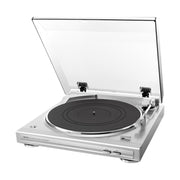 Denon DP-29F sidabrinis patefonas, su pakeltu dangčiu
