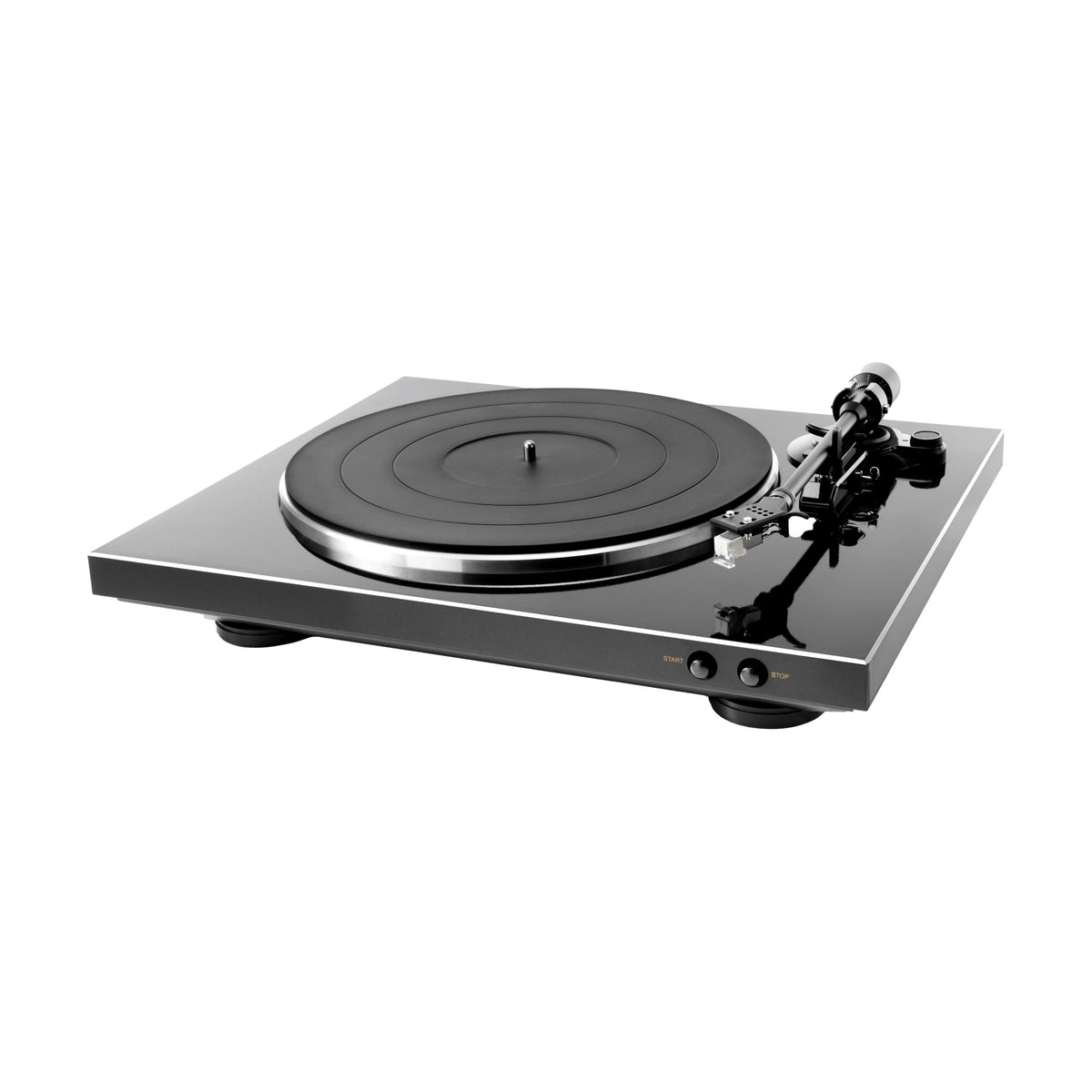 Denon DP-300F black turntable, front angled view