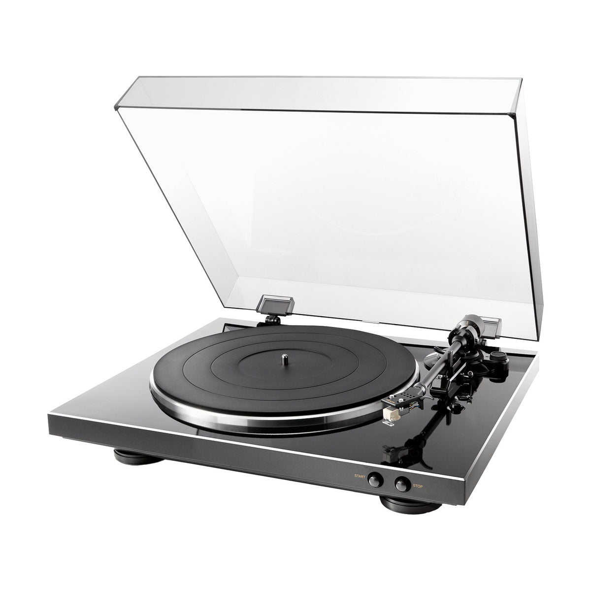 Denon DP-300F black turntable, with raised dust cover