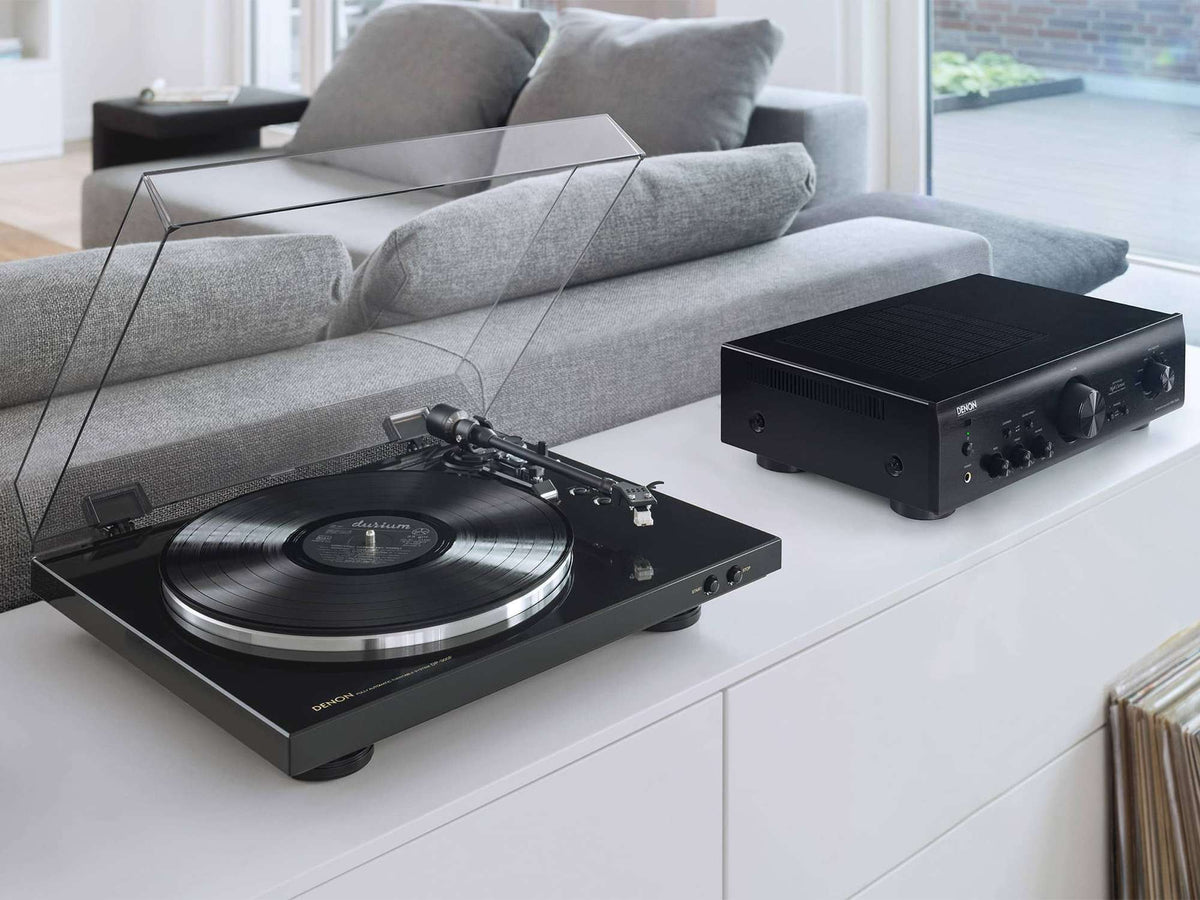 Denon DP-300F black turntable, in a home stereo system
