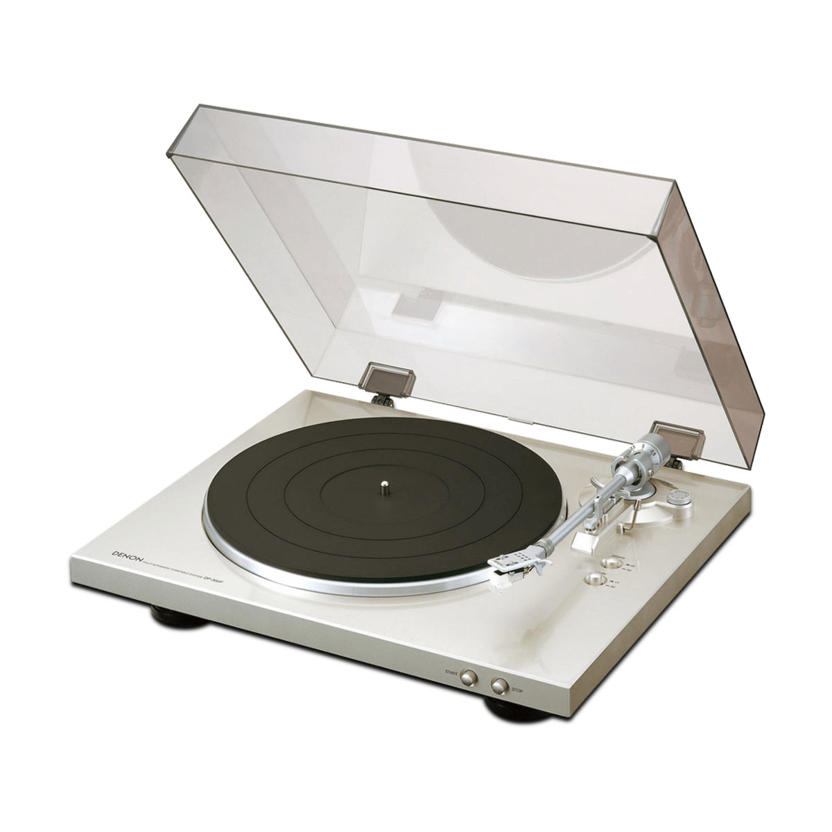 Denon DP-300F premium silver turntable, angled view with raised dust cover