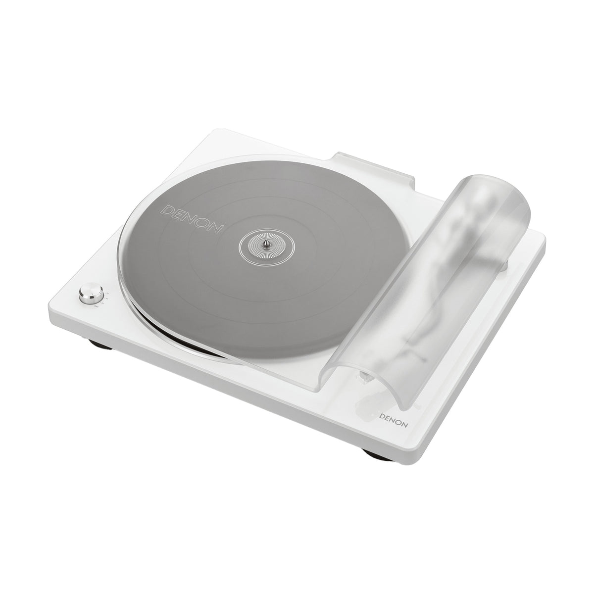 Denon DP-400 baltas patefonas, uždengtas dangčiu