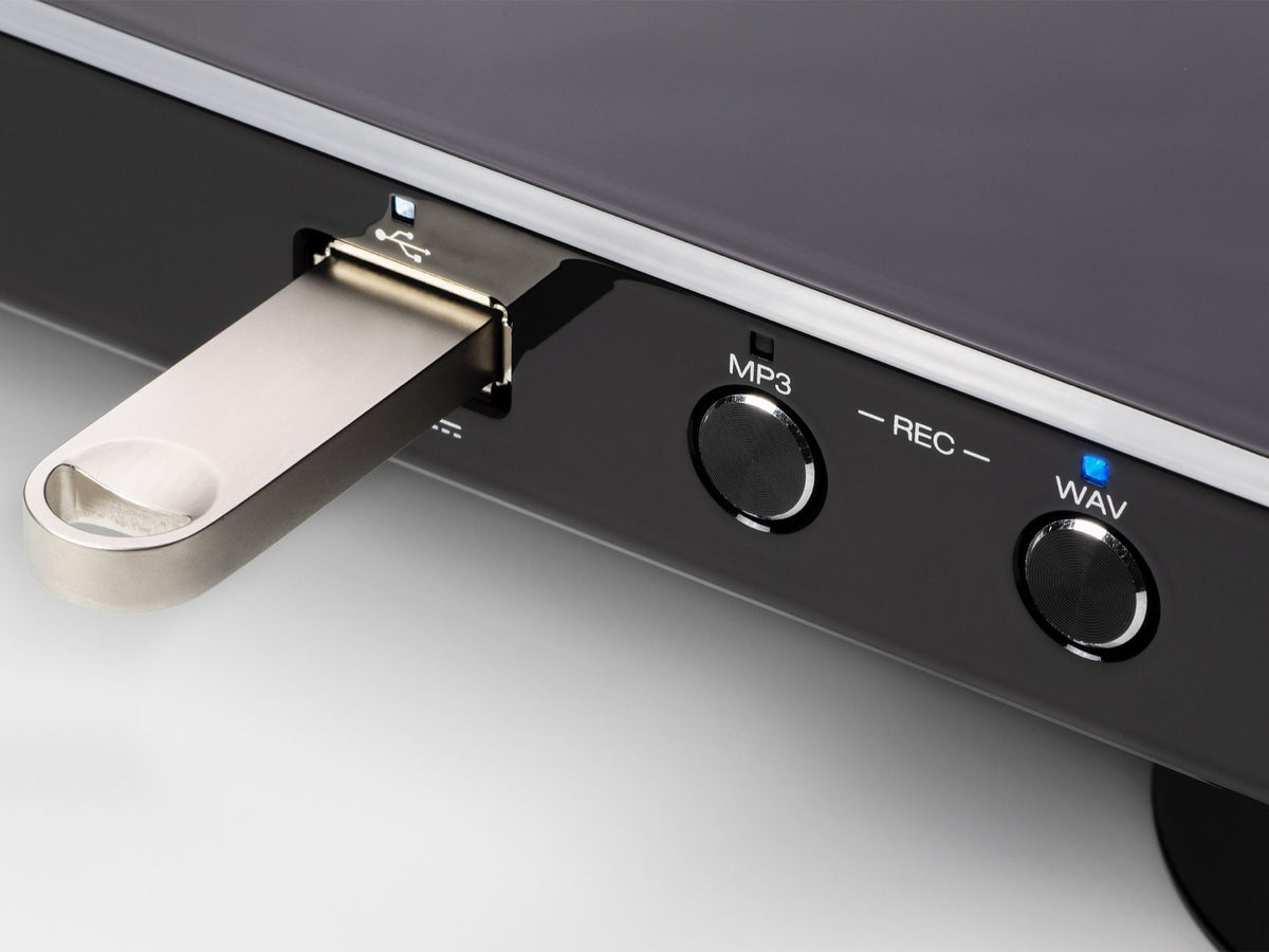Denon DP-450USB juodas patefonas, USB įrašymo jungtis ir mygtukai