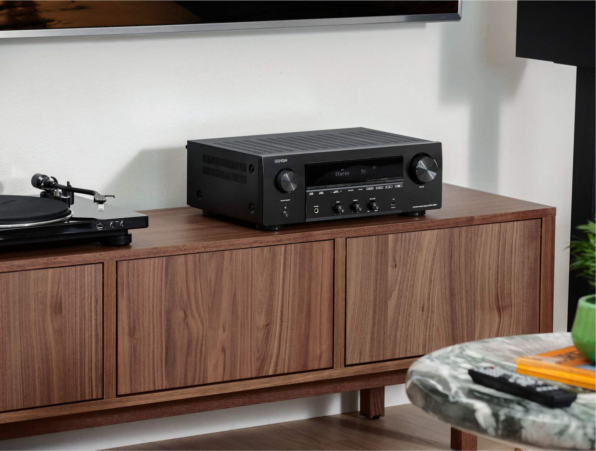 Denon DRA-900H black network stereo receiver, in a home system with a turntable