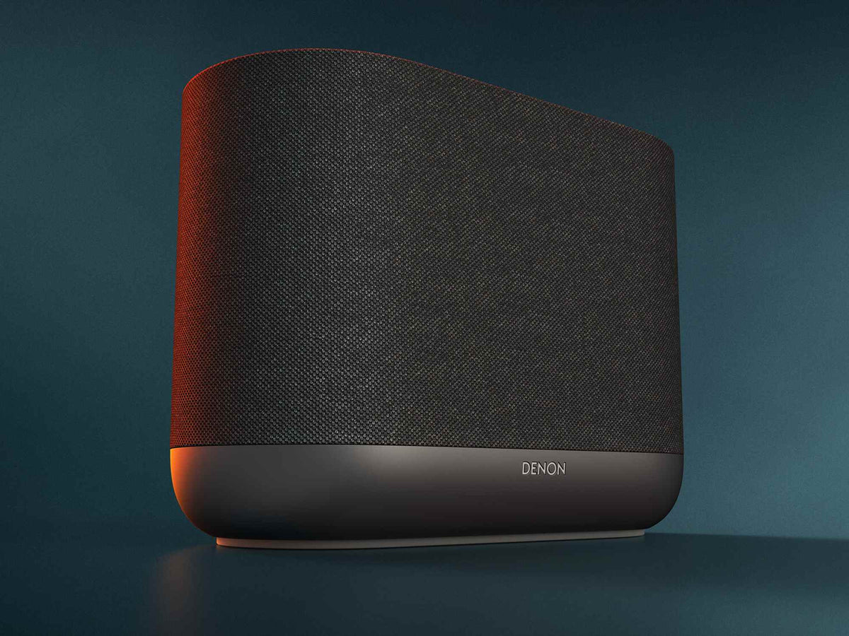 Denon Home 400 belaidė garso kolonėlė, antracito pilka, priekinės dalies vaizdas spalvotame fone