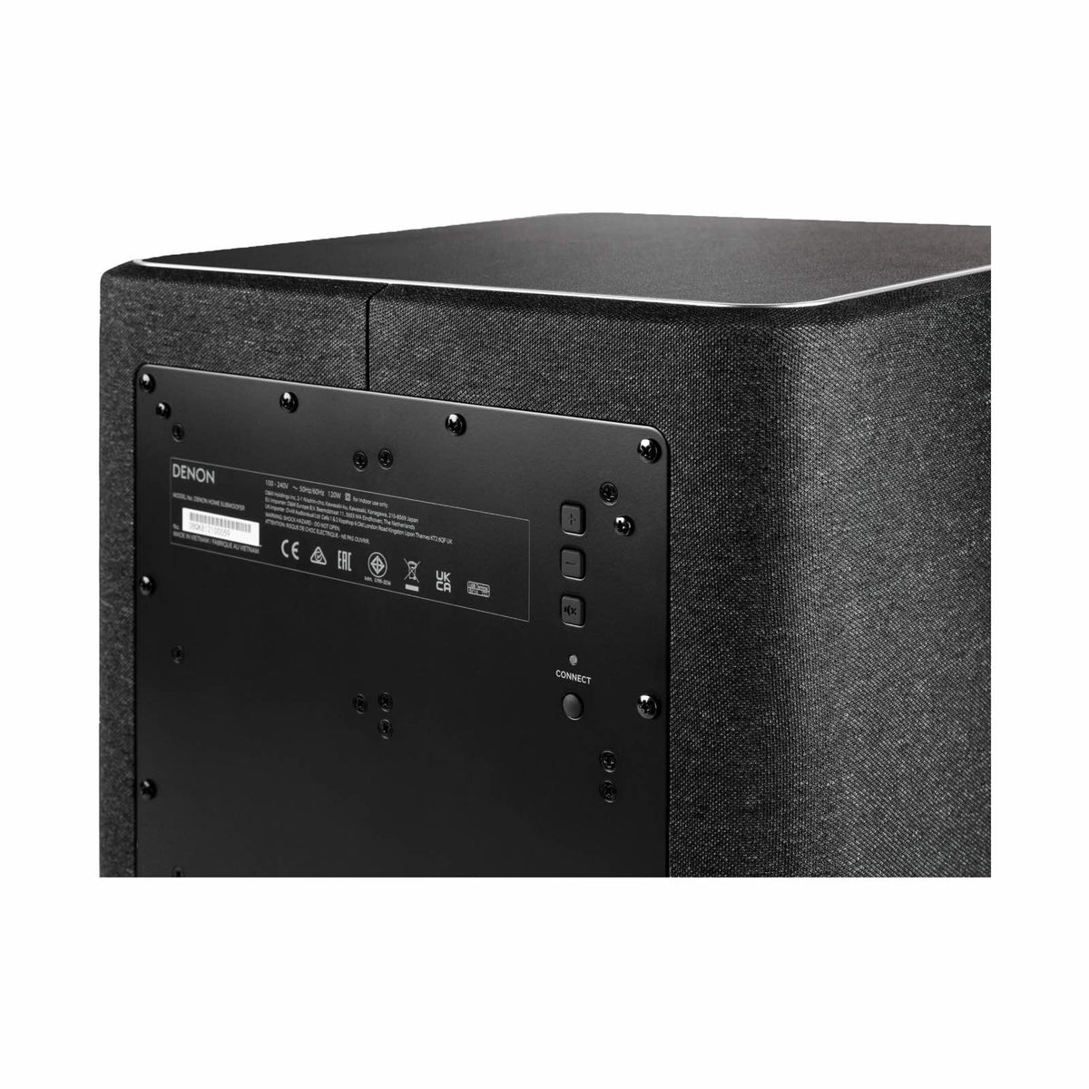 Denon Home Subwoofer aktyvi žemų dažnių kolonėlė, juoda, jungčių detalė