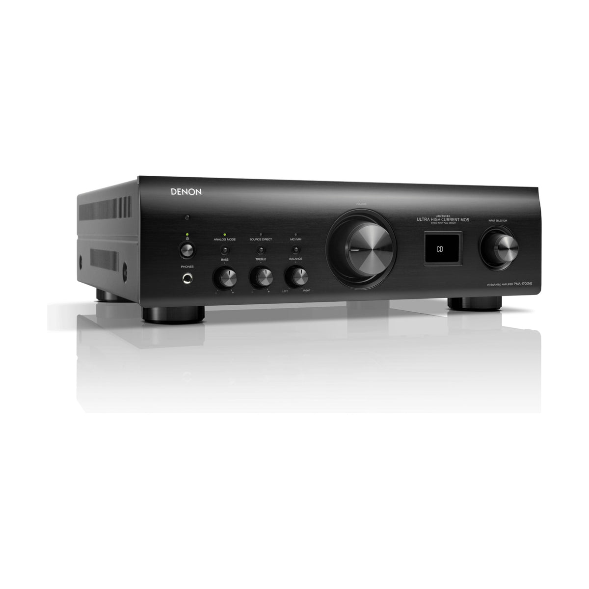 Denon PMA-1700NE black integrated amplifier, front angled view