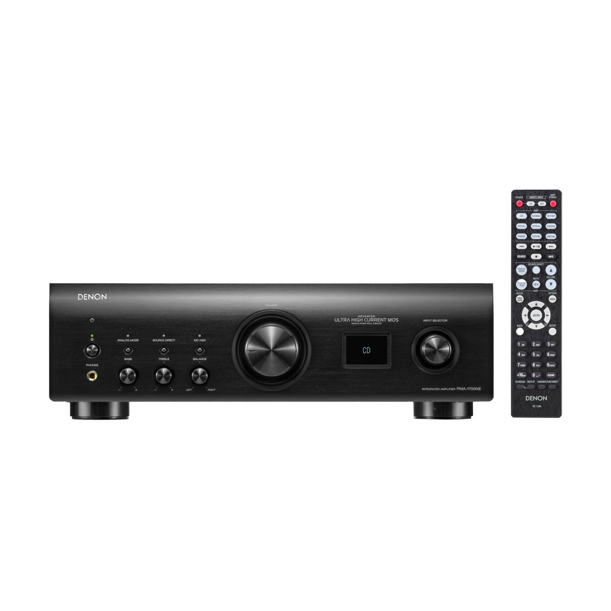 Denon PMA-1700NE black integrated amplifier, front view with remote