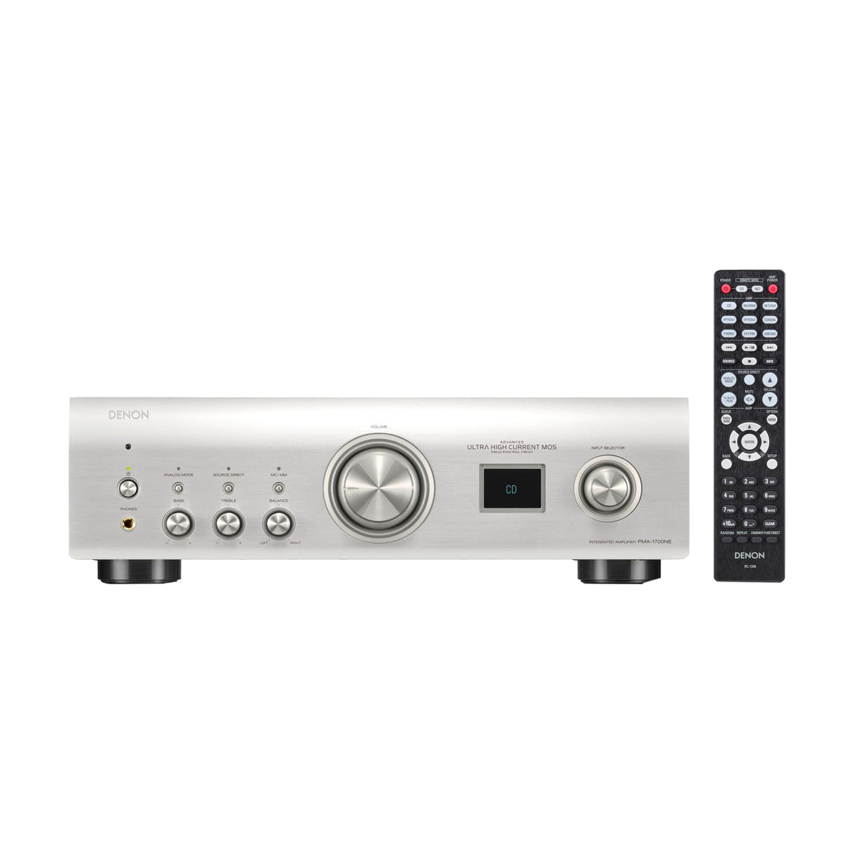 Denon PMA-1700NE Premium Silver integrated amplifier, front view with remote