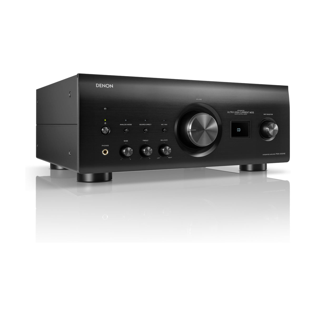 Denon PMA-3000NE black integrated amplifier, front angled view