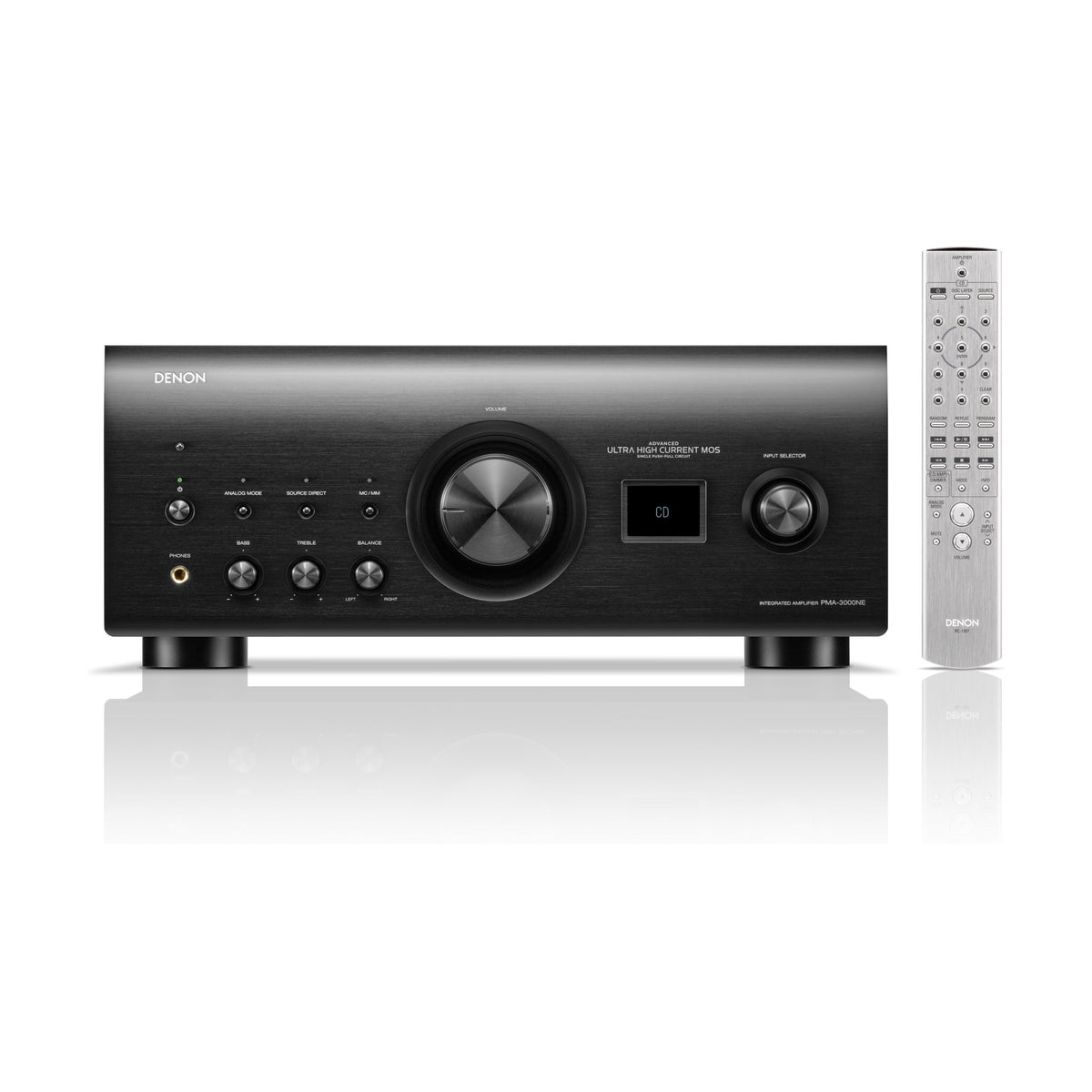 Denon PMA-3000NE black integrated amplifier, front view with remote