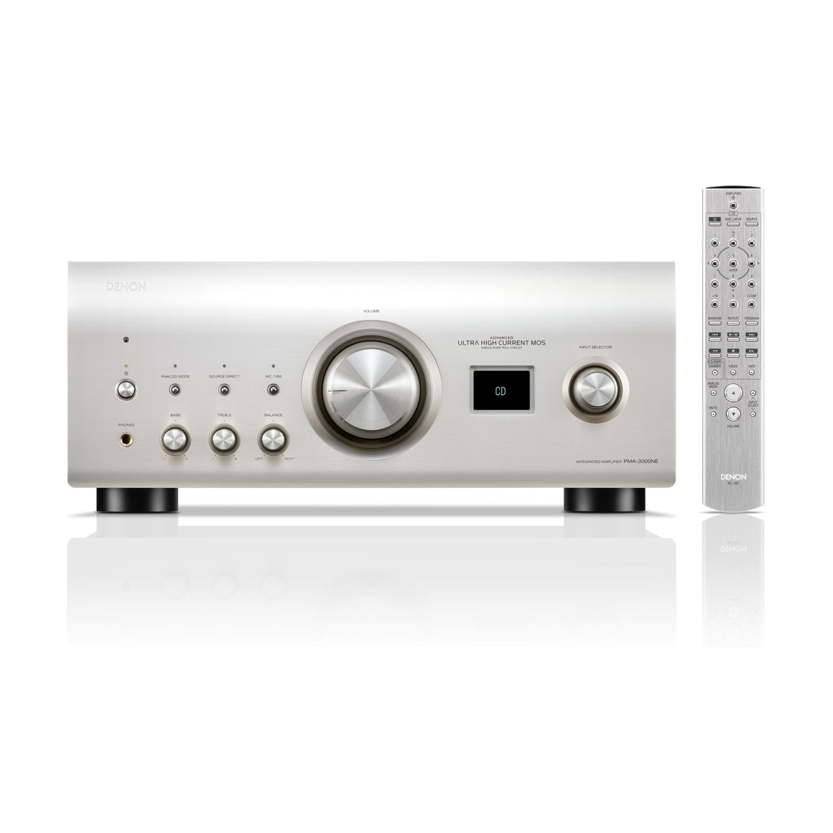 Denon PMA-3000NE Premium Silver integrated amplifier, front view with remote