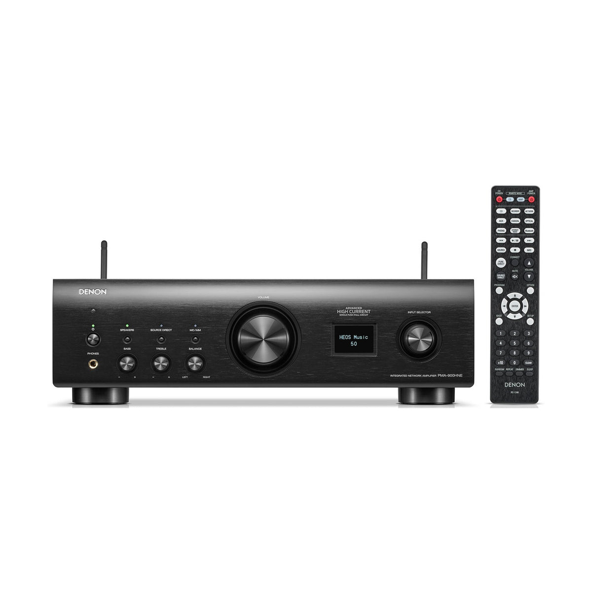 Denon PMA-900HNE black network integrated amplifier, front view with remote