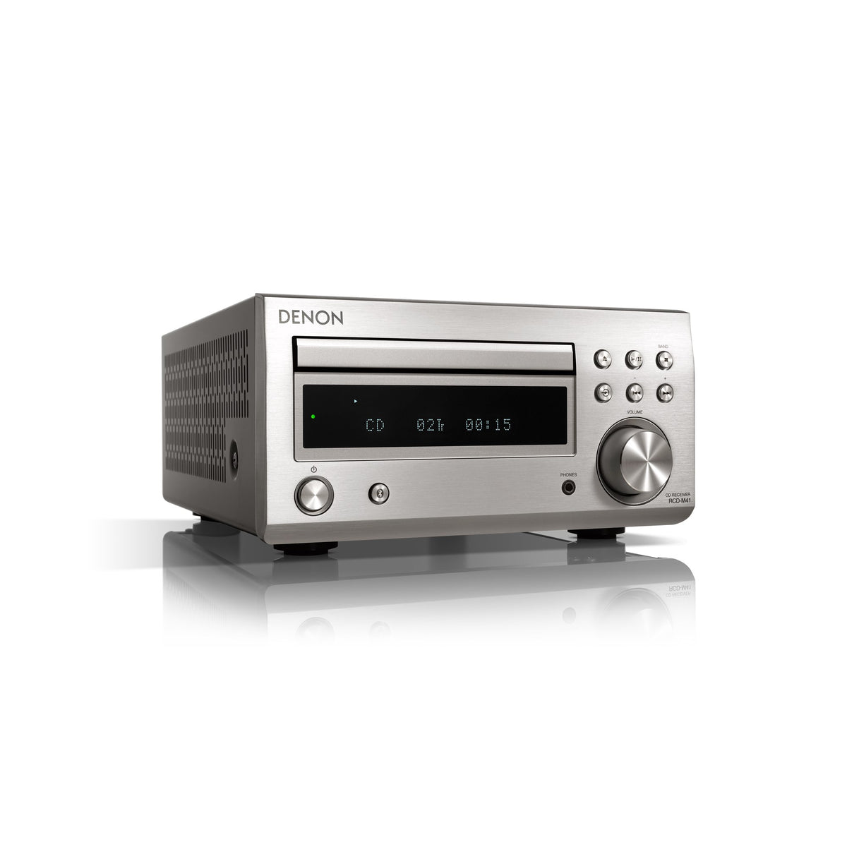 Denon RCD-M41 Premium Silver CD receiver from the front and left side