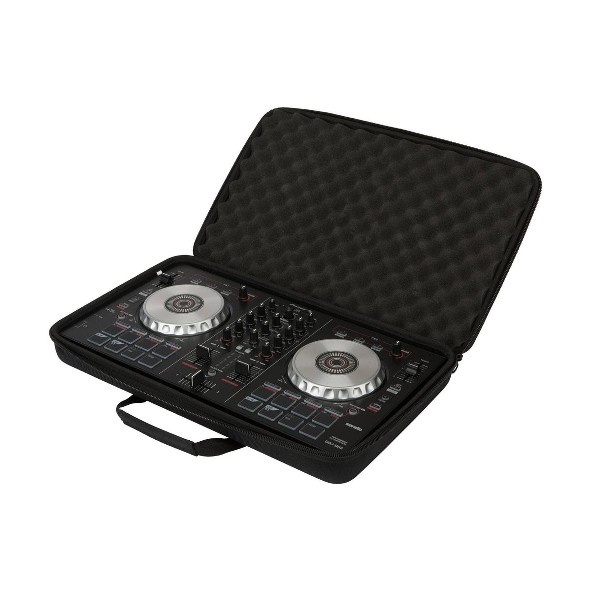 Pioneer DJ DJC-B BAG transport bag, open bag with a DJ controller, angled view; controller not included