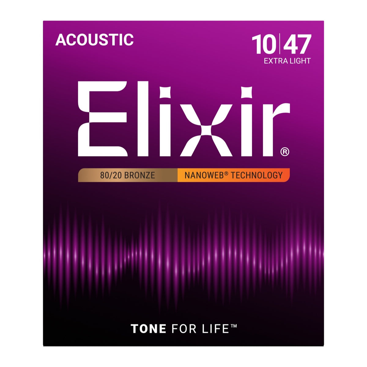 Elixir 11002 NANOWEB 10–47 acoustic guitar string package, front