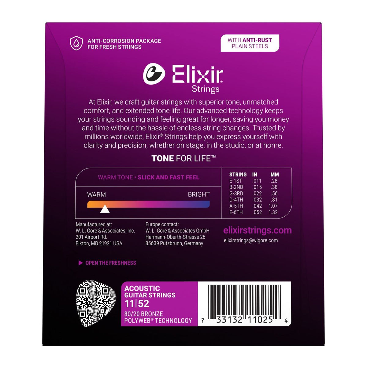 Elixir 11025 POLYWEB 11–52 acoustic guitar string package, back