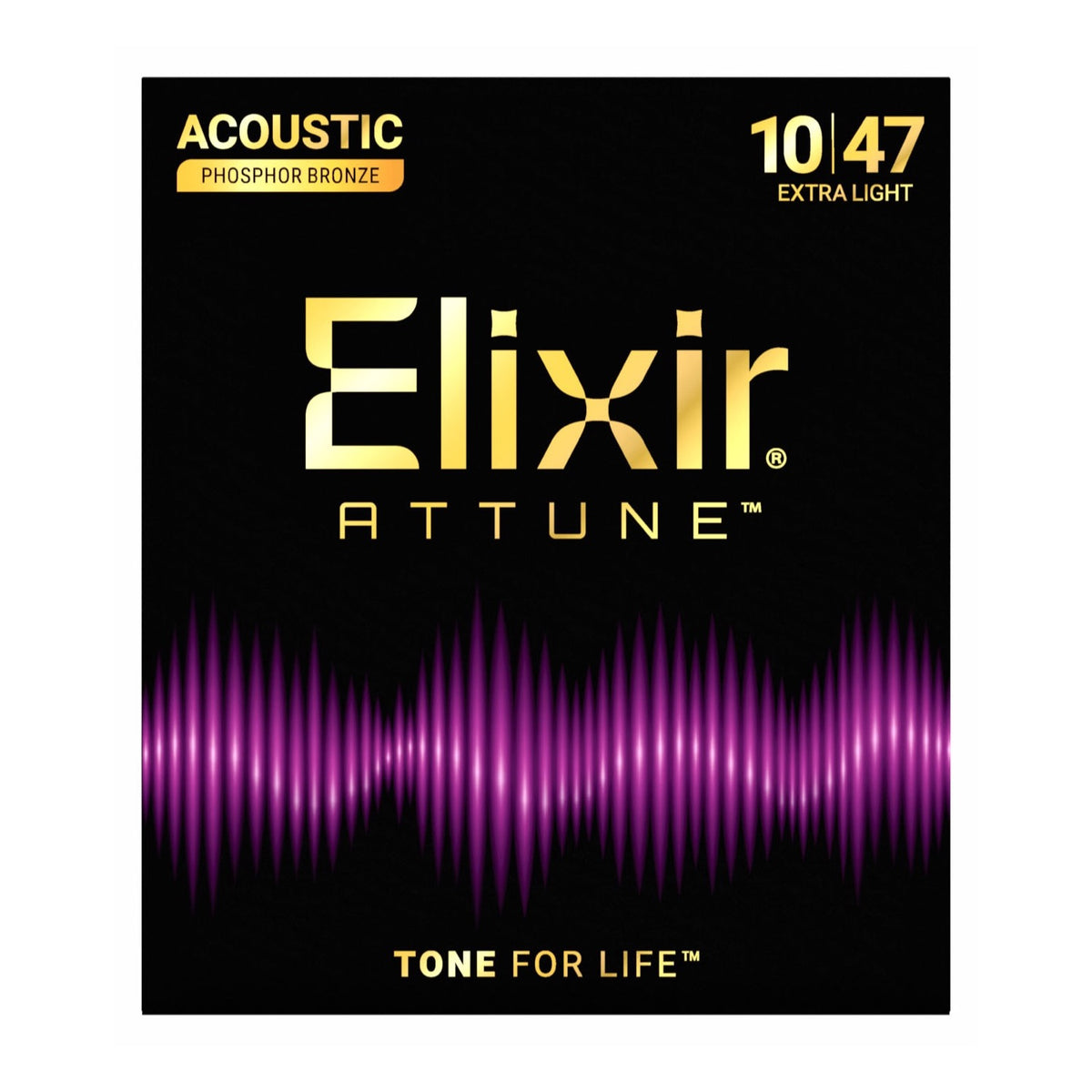 Elixir 21002 Attune Extra Light 10-47 fosforinės bronzos stygos akustinei gitarai, pakuotės priekis