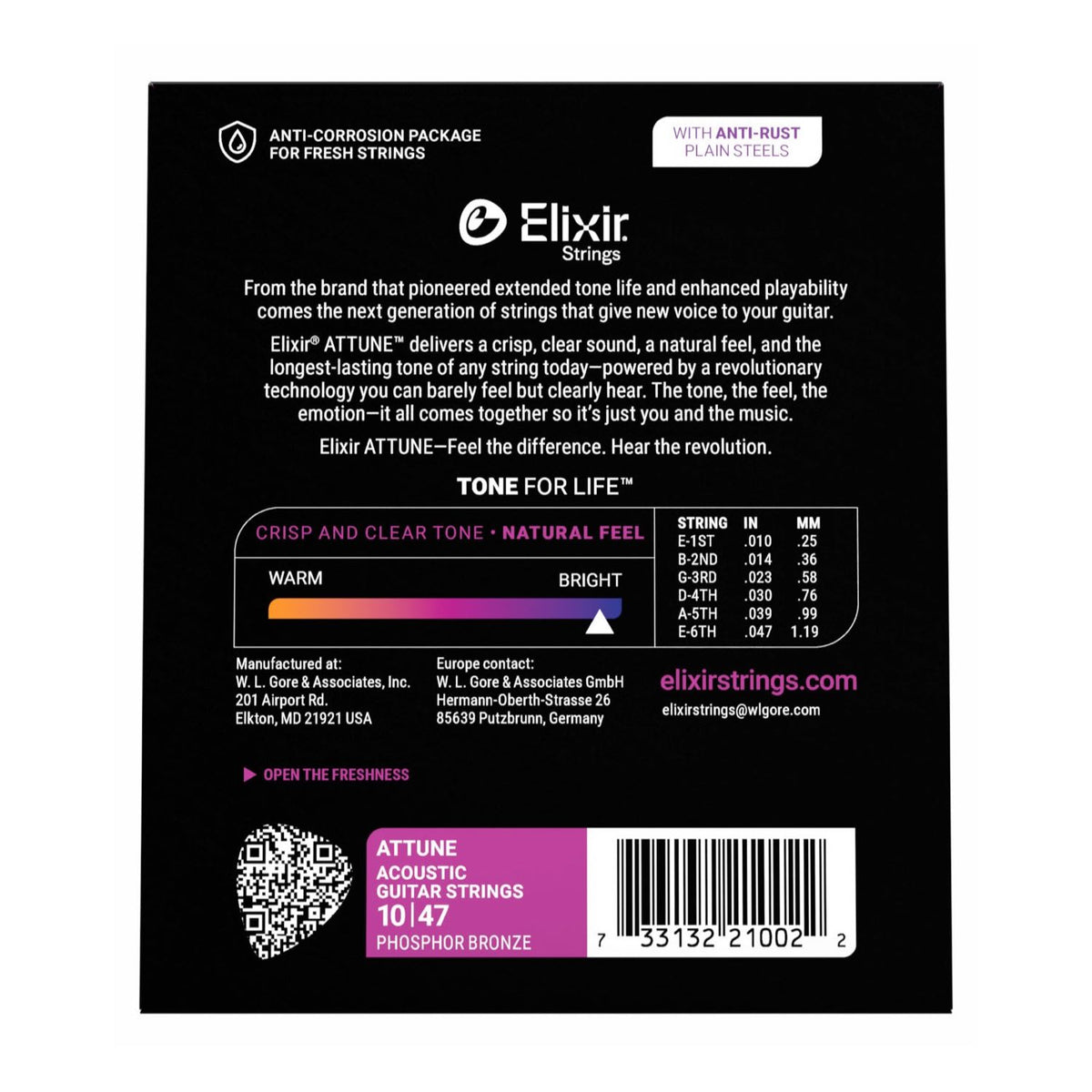 Elixir 21002 Attune Extra Light 10-47 fosforinės bronzos stygos akustinei gitarai, pakuotės nugarėlė