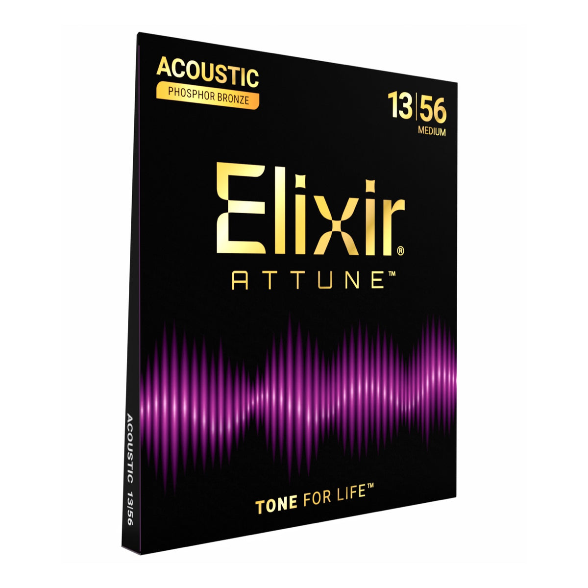Elixir 21102 Attune Medium 13-56 phosphor bronze acoustic guitar strings, angled package view