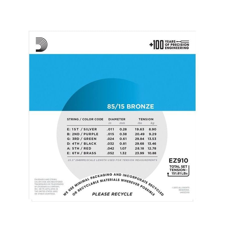 D'ADDARIO EZ910 .011-.052 Stygos akustinei gitarai