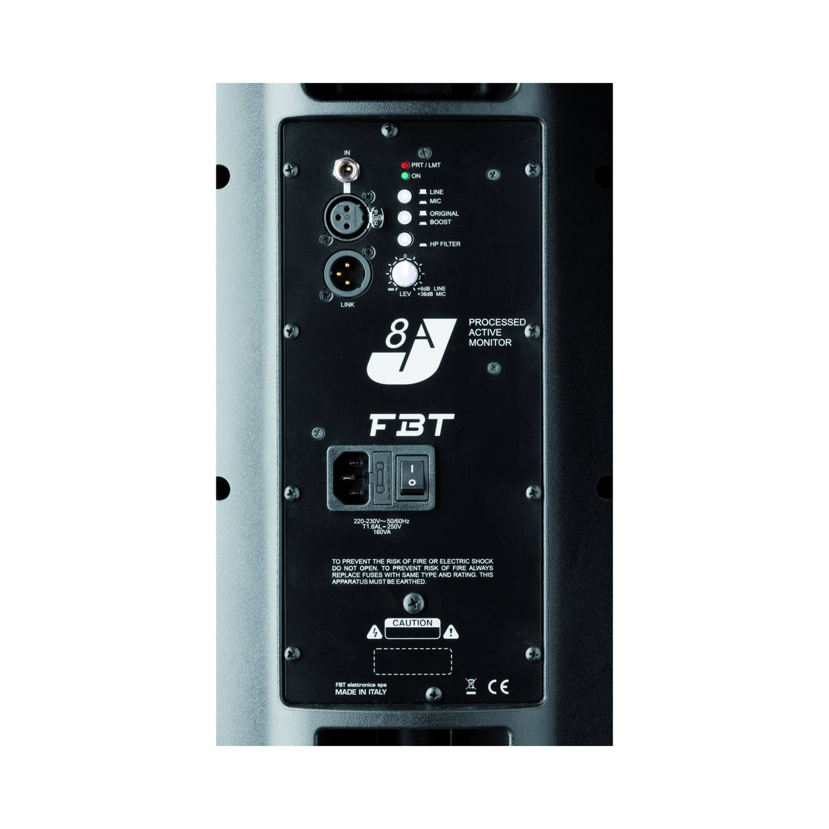 FBT J 8A aktyvios garso kolonėlės galinė valdymo panelė