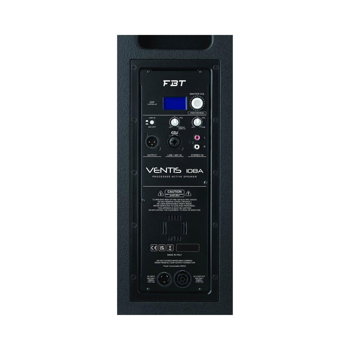 FBT VENTIS 108A aktyvi garso kolonėlė, galinis valdymo skydelis