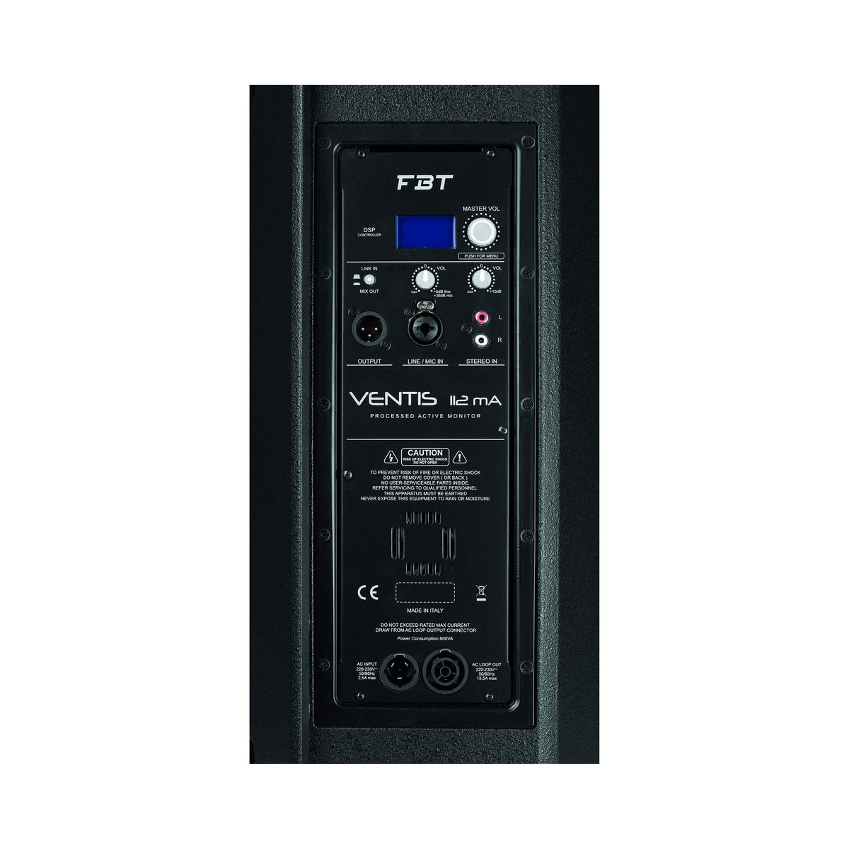 FBT VENTIS 112MA aktyvus sceninis monitorius, galinis valdymo skydelis