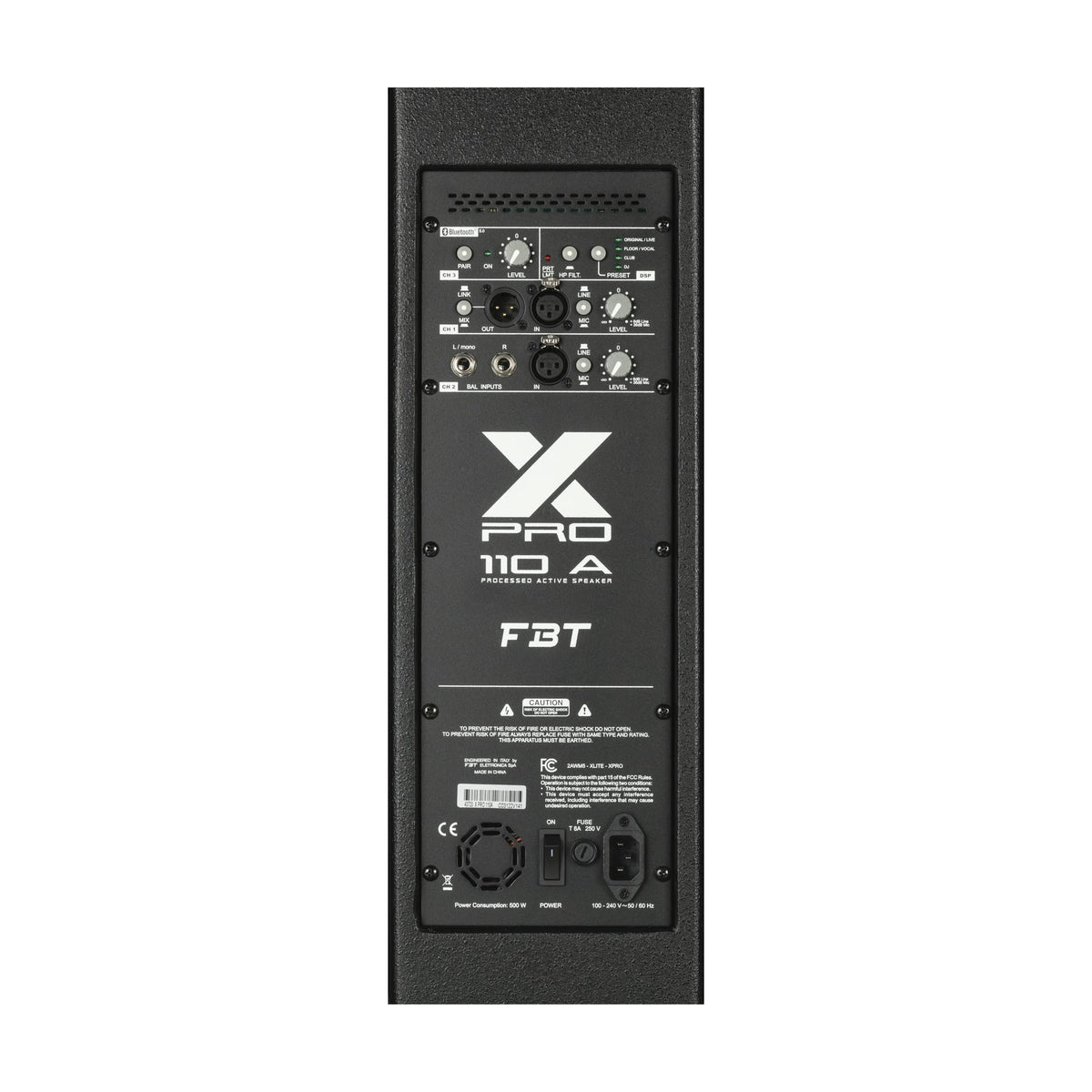 FBT X-PRO 110A aktyvios garso kolonėlės galinis valdymo ir jungčių skydelis