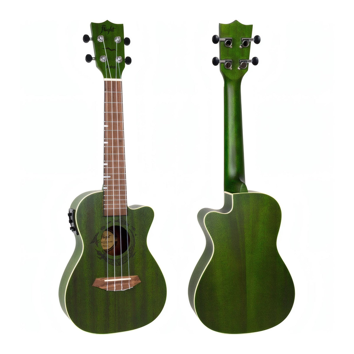 Flight DUC380 CEQ Jade electro-acoustic concert ukulele, front and back views