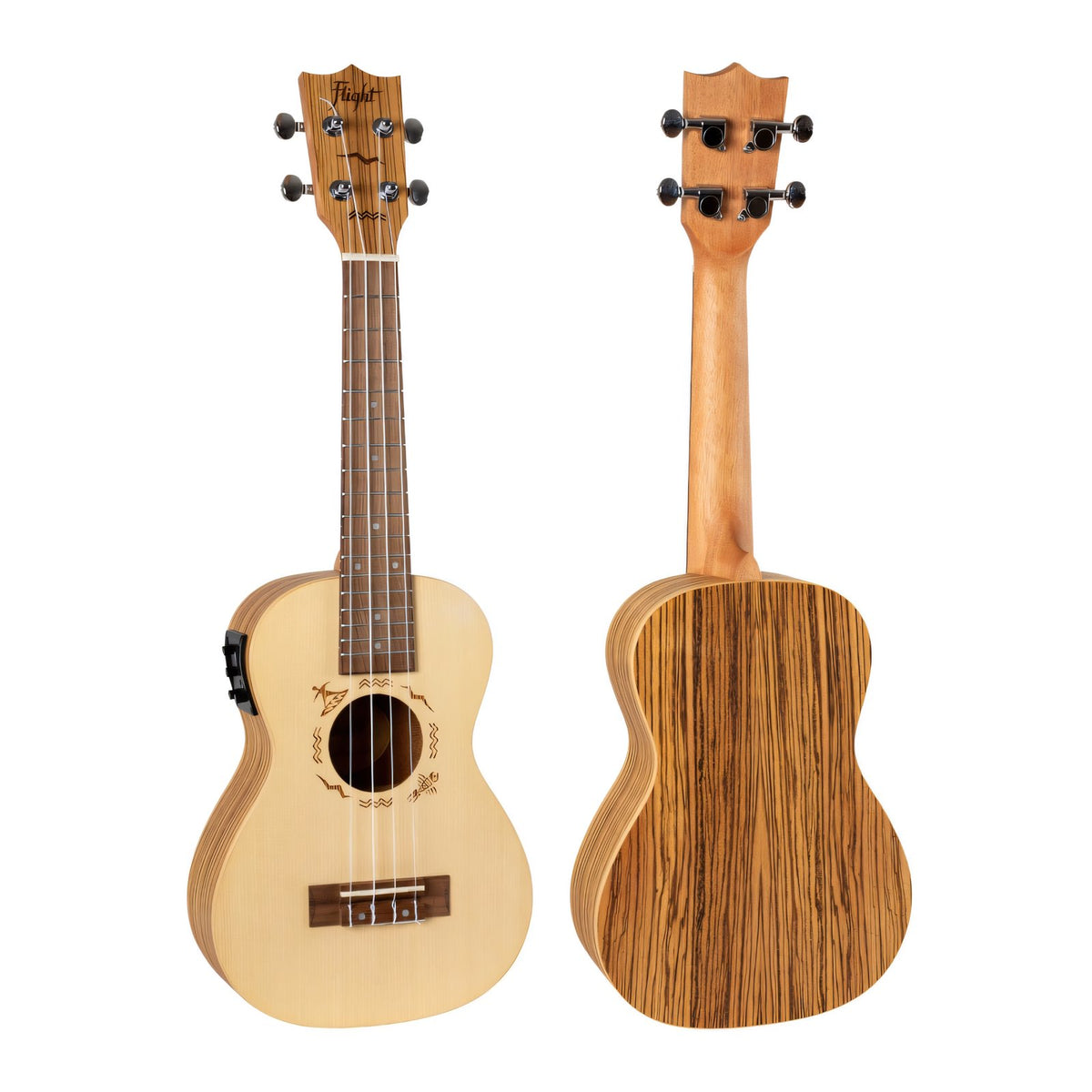 Flight DUC525 CEQ SP/ZEB ukulele front and back views