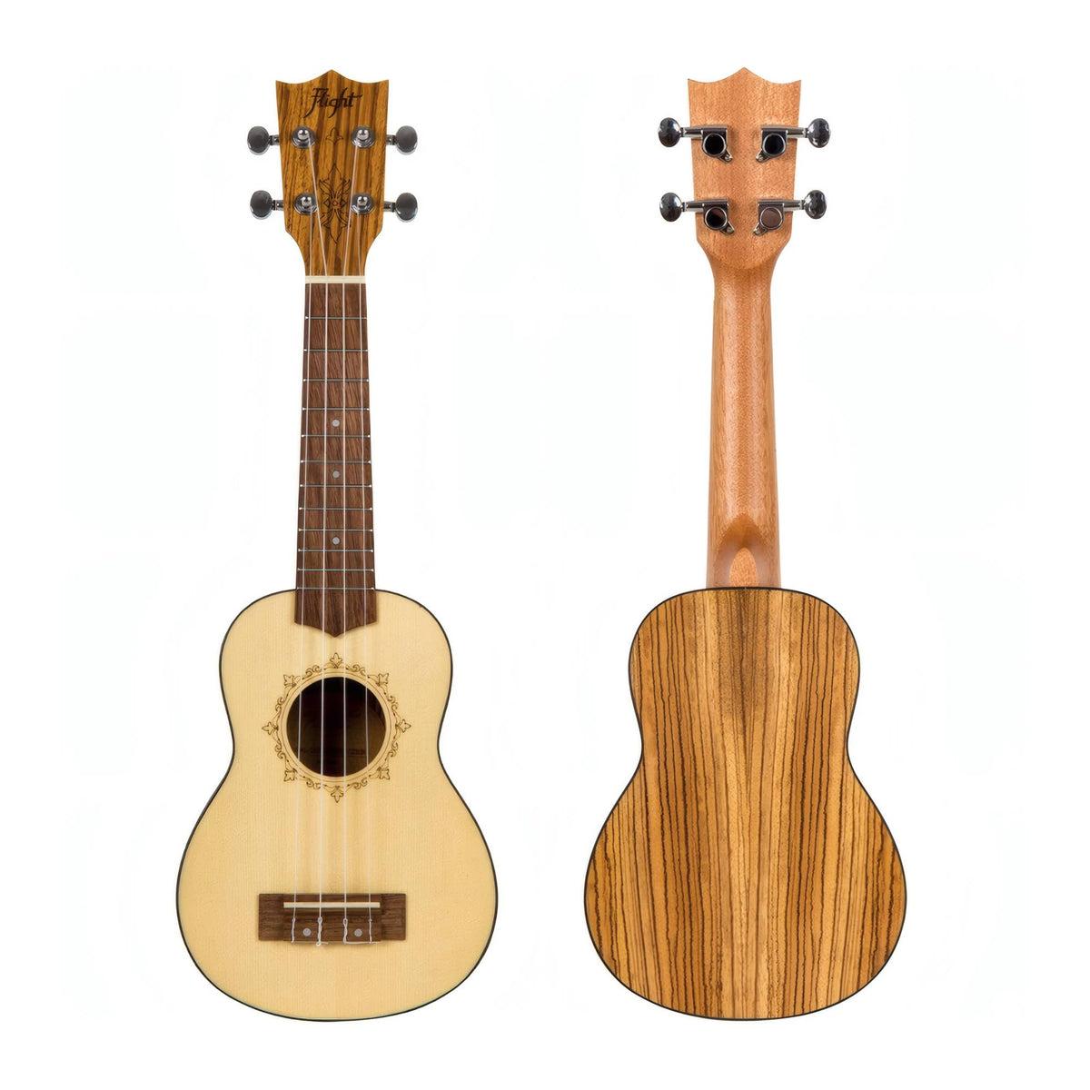 Flight DUS320 SP/ZEB soprano ukulele, front and back views