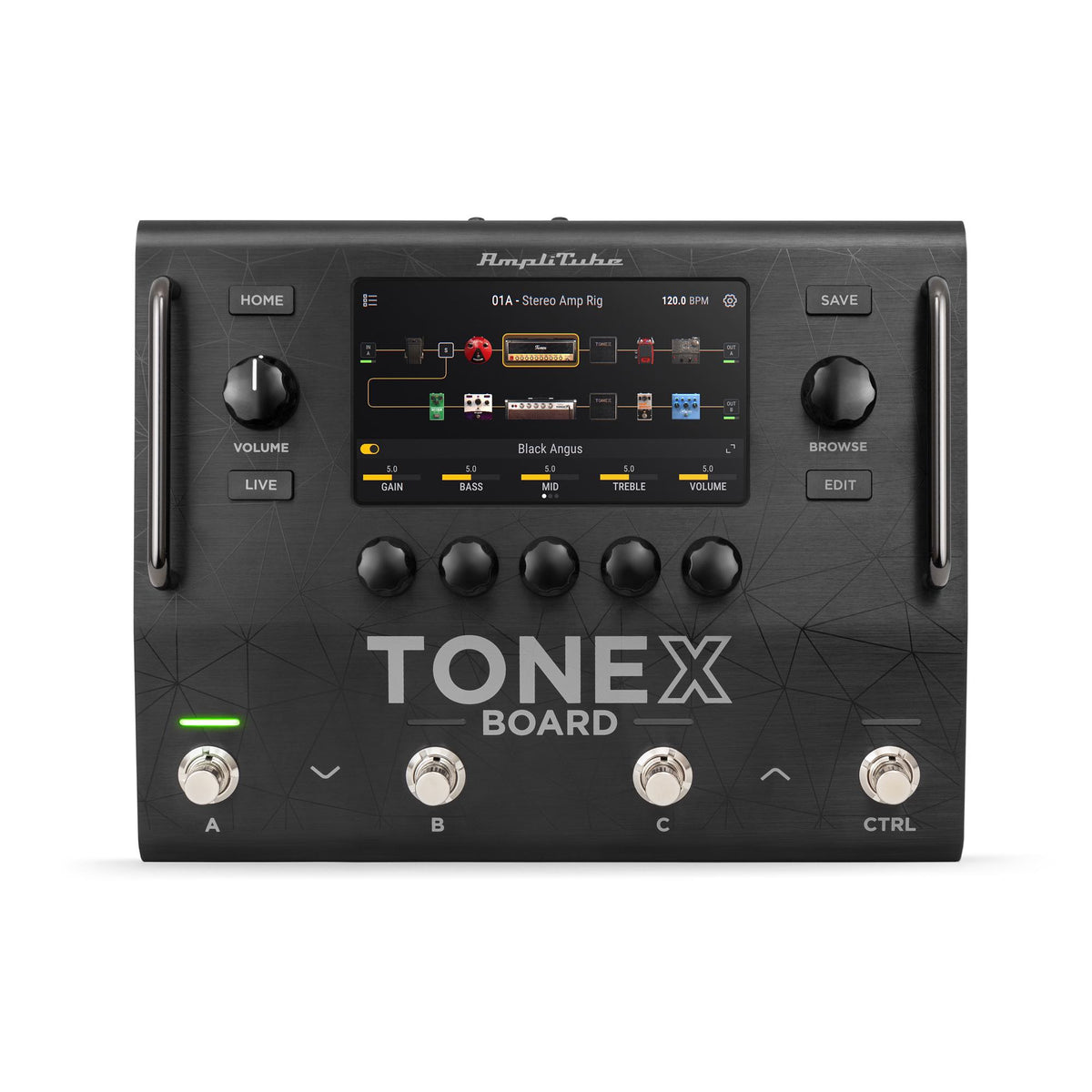 IK Multimedia TONEX Board efektų procesorius, iš viršaus, su liečiamu ekranu ir jungikliais