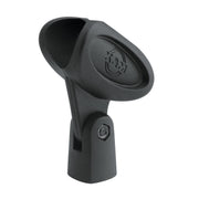 K&M 85050-000-55 microphone clip showing elastic opening and threaded mounting section
