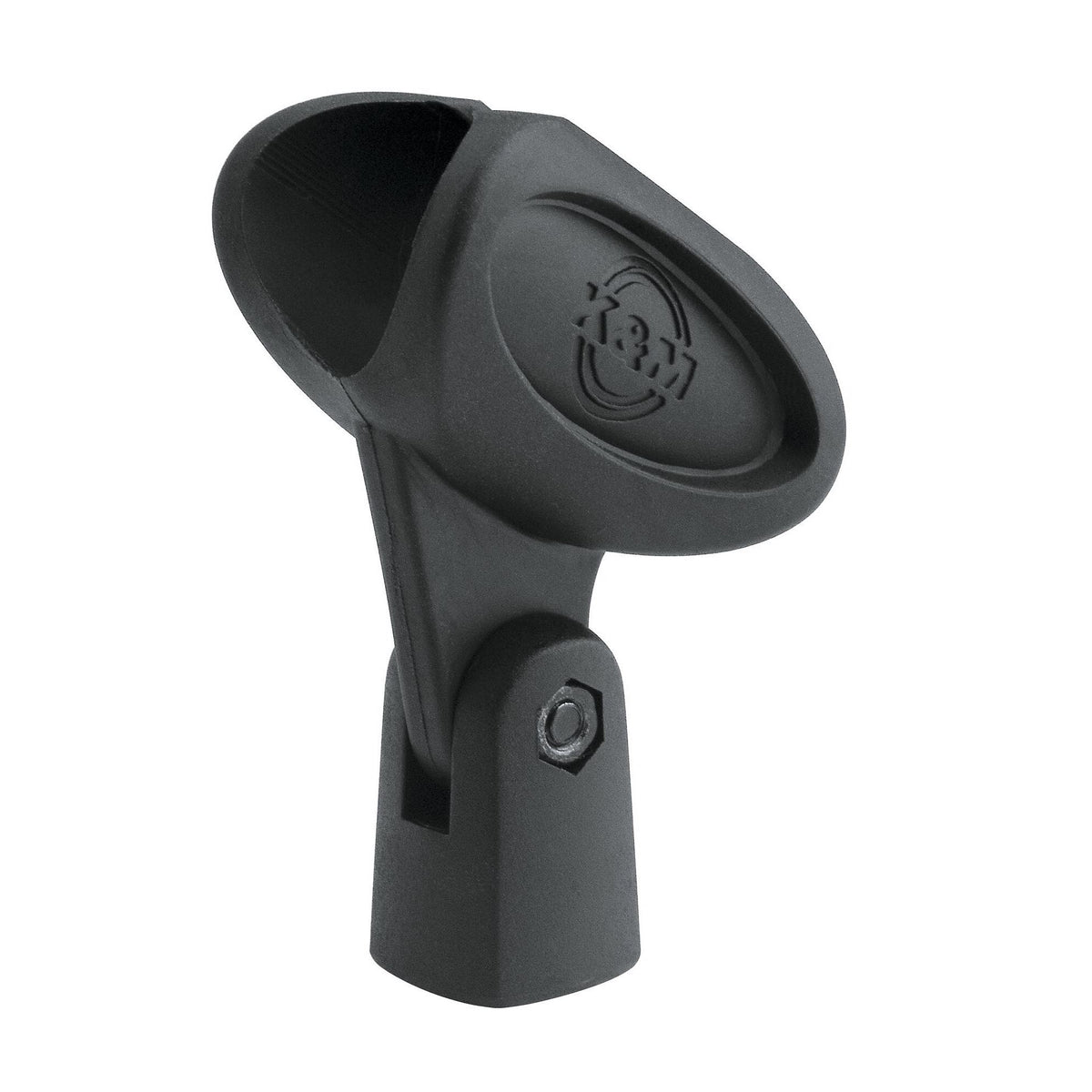 K&M 85050-000-55 microphone clip showing elastic opening and threaded mounting section