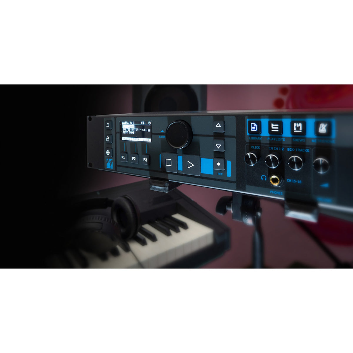M-Live B.Beat PRO16 Plus 1 TB Wi-Fi Audio and Video Player, control-panel detail in a studio
